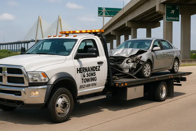 Professional car towing service in East Houston - Hernandez and Sons Towing truck helping stranded motorist on highway